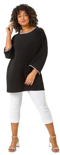 Roman Curve Diamante Trim Stretch Top for Women UK - Ladies Everyday Autumn Winter Round Neckline Comfy Soft Evening Vacation Work Party Night Out - Black Plus - Size 22