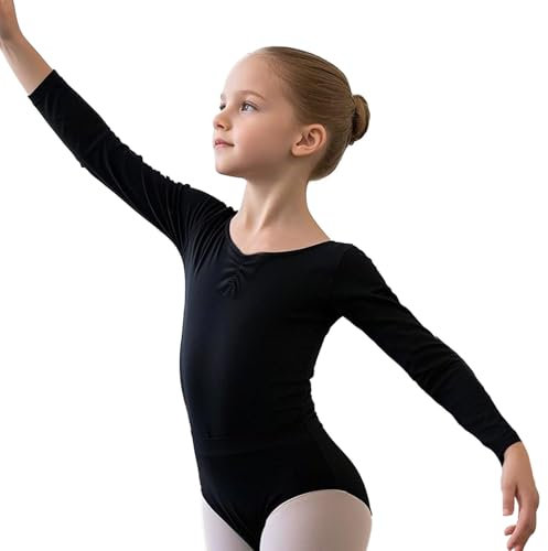 XDGBGFN Kinder Ballettanzug Gymnastikanzug Mädchen Lange Ärmel Ballett Trikot Baumwolle Turnanzug für Mädchen (Schwarz, 140)