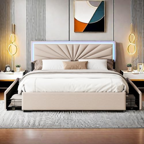 KOOPMAD Polsterbett, 160 x 200 cm, Doppelbett mit 4 geräumigen Schubladen, Kopfteil mit LED-Lichtern, einfache Montage, Betten und Bettgestell für Erwachsene, ohne Matratze, Leinen, Beige
