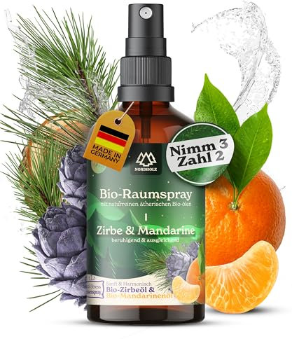 NORDHOLZ® Zirbe & Mandarinespray – BIO-Raumspray Zirbe-Mandarine – Natürlicher Raumduft für Kissen, Wohnräume & Schlafzimmer mit 100% naturreinem ätherischem BIO-Zirbe-Mandarinenöl – Kissenspray
