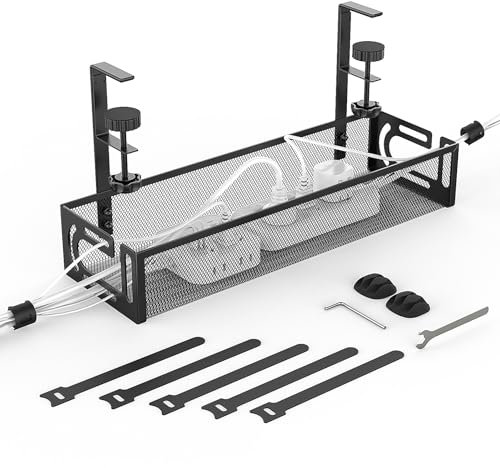 Plateau de Gestion de Câbles 64 cm de Largeur pour Bureau - avec Plateau de Rangement Supérieur, Réglable de 1 à 5 cm, Organisation des Câbles, Cache-Câbles, pour Bureau ou Télétravail