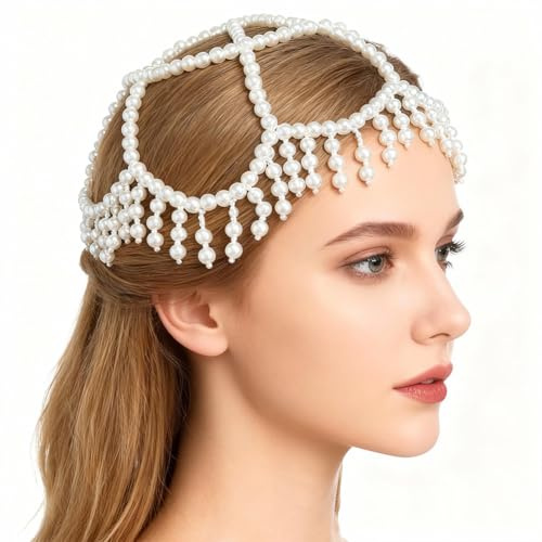GORGECRAFT Weiße Perlenkappe Kopfbedeckung 1920er Set Flapper Kopfkette Perlen Quaste Netz Stirnkette Braut Haarschmuck Zubehör Für Frauen Hochzeit Festival Party Bauchtanz Cosplay Kostüm Stirnband