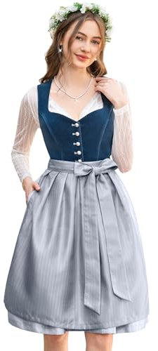 DIRNDLSTERN Damen Midi Blau - Dirndlkleid Samt Trachtenmode Kleid mit Dirndlschürze Trachtenkleid für Oktoberfest 38