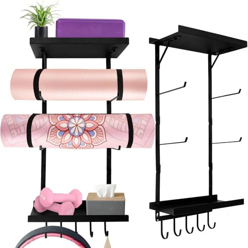 AINAFIX Yoga Mat Holder Wall Mount, Yoga Mats Rack with Double Floating Shelves, Yoga Accessory Storage Rack with 5 Hooks for Resistance Bands and Workout Equipment for Home Gym Storage, Black