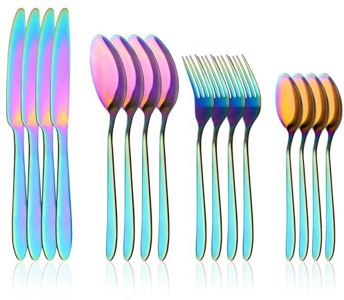 STNRST-IN Regenbogen Besteck Set 4 Personen, 16 Teilig Edelstahl Besteckset