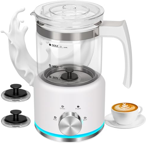 ByNaRIX Milchaufschäumer, 4 in 1 Milchaufschäumer Elektrisch für Heißer und Kalter Milchschaum, 500 ML Edelstahl Milchschäumer Spülmaschinenfest für Kaffee, Latte, Cappuccino, Weißer Glas