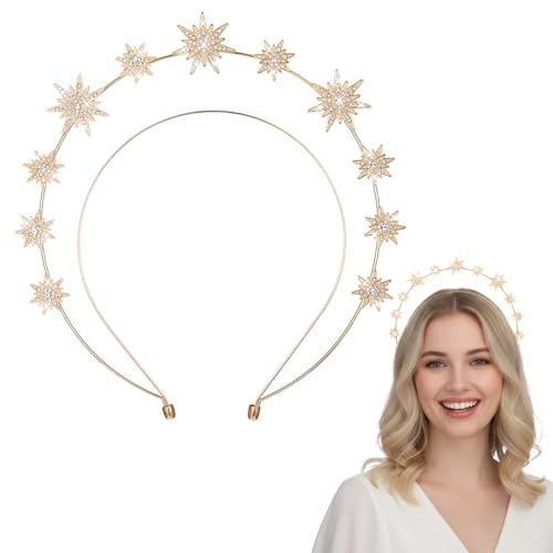 Goldener Halo Stirnreif, Kristallstern Halo Krone, Goldene Strass-Göttinnenkrone, Glitzernde Tiaras für Frauen Braut Hochzeit Cosplay Party Haaraccessoires