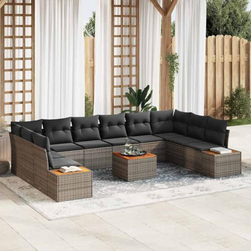 Teenpull Garten-Sofa-Set 11-teilig, Grau, aus UV-beständigem Poly Rattan, 344x209x85 cm, mit Stauraum, Eckbank, Kissen, für Terrasse & Balkon