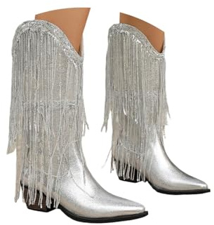 ENEN Stivali Texani Donna Cowboy 36-42 Moda Stivali Cowboy Donna con Tacco Basso Western Comodi Stivaletti Texani Morbida Suola Antiscivolo Eleganti Nappe, Autunno e Inverno (Argento,38)