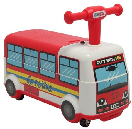Rexco Ride On Big Red Bus Childrens Kids Toy Push Along Walker Car Foot To Floor Interactive Music Light Sound Baby Toddler Infant Vehicle
