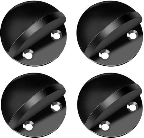 SZWLJ 4PCS Black Self-Adhesive Half Moon Door Stops, Floor Mounted Door Stoppers, Rubber & Stainless Steel Doorstop for Home and Office Noise Reduction & Shock Absorption (Screws, Plugs, Stickers)