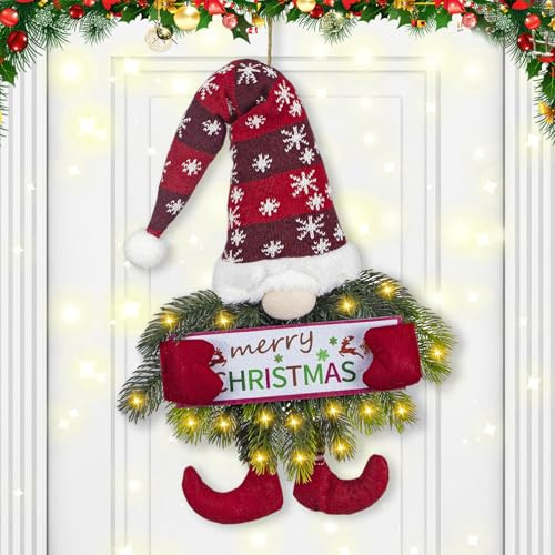 Zecnaud Weihnachtskranz Wichtel, Türkranz Weihnachten mit LED Lichtkette, Weihnachts Türkranz Wichtel Hängend, Weihnachtsdeko Outdoor Tannennadeln Weihnachtstürkranz für Haustür Fenster Porch (C)
