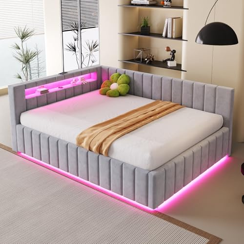 UIXENI Upholstered Sofa Bed with Hydraulic Storage, Backrest, Head Part and Bed Frame, Velvet Fabric, 140x200cm Mattress Not Included