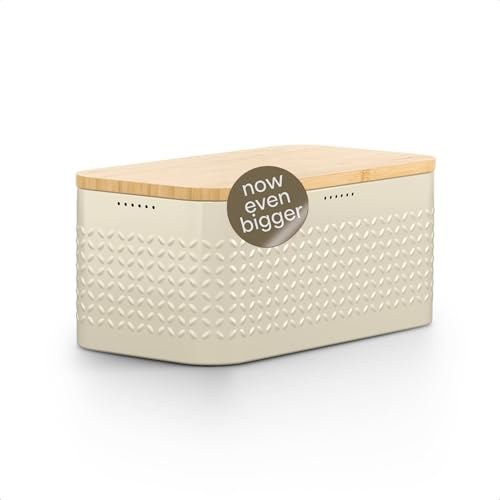 LARS NYSØM Portapane in metallo I Portapane per freschezza duratura con piedini antiscivolo I Coperchio in bambù adatto come tagliere | 34,5x18,5x15,8cm (Almond Beige)