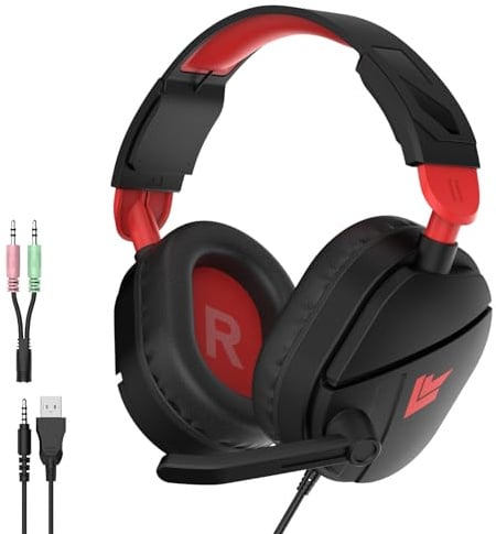 QXQ Wired Gaming Headset für PS5/PS4/PC/Switch, 3,5mm Over-Ear Kopfhörer mit Noise-Canceling Mic, RGB Light, Deep Bass Stereo Surround Sound, Soft Memory Foam Ohrpolster, All-Day Comfort, Dunkelrot