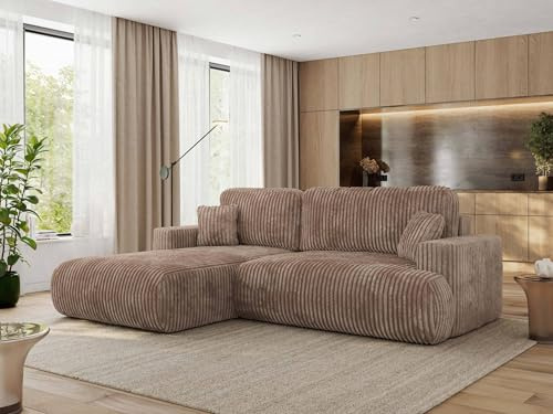MKS MEBLE Ecksofa Wohnlandschaft L-Form mit Schlaffunktion und Bettwäscheschrank, Schlafsofa mit Bettkasten, modernes Sofa OVO L - Links - Braun Cord