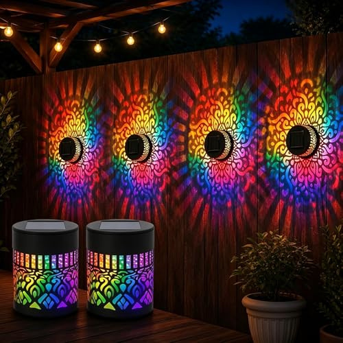 Proiettore Solare Mandala, 7 Colori che Cambiano Automaticamente, Lampada da Parete Decorativa Impermeabile per Esterno in Metallo per Recinzione, Giardino, Posto Patio, Decorazione da Cortile (2