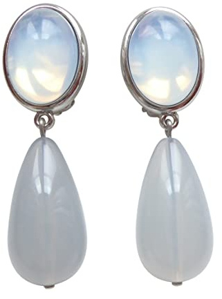 Leichte sehr große Ohr-Clips silber-farben Stein silbrig glänzend Anhänger blau-grau tropfen-förmig Designer JUSTWIN klassisch chic Party Fest