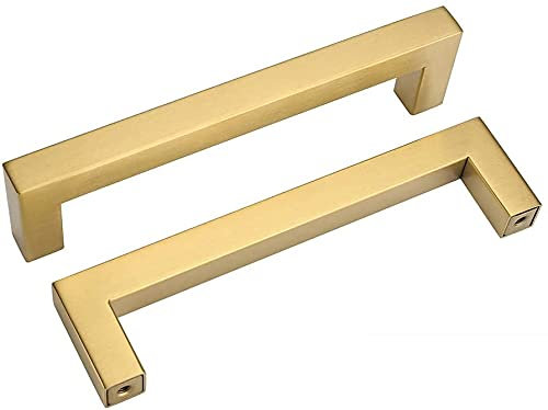 goldenwarm 15Pack Cupboard Handles Gold Kitchen Handles 128mm Hole Center Brass Stainless Steel Gold Drawer Pulls