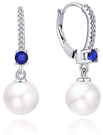 JO WISDOM Damen Perlen Ohrringe Perlenohrringe Silber 925 Hängend Hochzeit Ohrringe mit 8MM Perlen 3A Zirkonia September Geburtsstein Saphir Farbe,Schmuck für Frauen