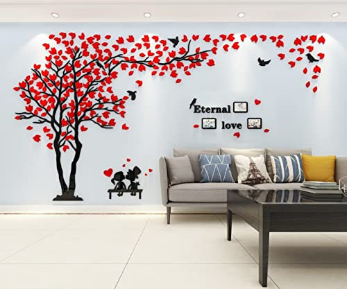 Baum Wandaufkleber Wandtattoo 3D DIY Sticker mit Familie Bilderrahmen Fotorahmen Wandbilder Wandkunst für Wohnzimmer Schlafzimmer Kinderzimmer (Rot Links,L-150 * 300cm)