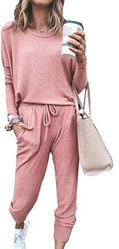 EFOFEI Damen Basic Zweiteiliger Schlafanzug Lang Pyjama Set Baumwolle Pyjama Mit Gummibandhose Rosa S
