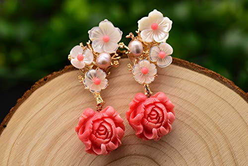 SALAN Pendiente Colgante De Coral Rosa De Plata Esterlina 925 Pendientes Colgantes De Flor De Concha De Piedra Natural Rosa Perla Blanca