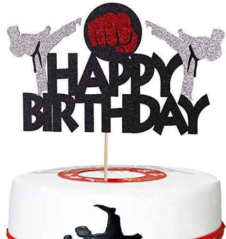 Anxdh Karate Kuchen Top Hut, Taekwondo Thema Kuchen Top Hut, Karate Happy Birthday Party Supplies funkelnde schwarze Dekoration