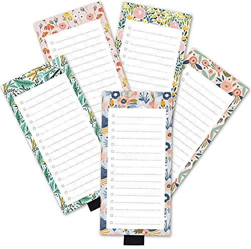 5er Pack Magnetische Notizblöcke mit Stifthalter,für Lebensmittel, Einkaufen und Aufgabenlisten mit Checkbox,Notizblock für Kühlschrank 3,3 x 3,8,50 Blatt Foral