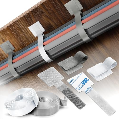 Under-Desk Cable Management Kit – 40PCS Self-Adhesive Hook and Loop Ties with 2 Rolls Extension Straps – Made with 3M Tape – Sticky-Back Wire Organiser for Home & Office (White, Grey)