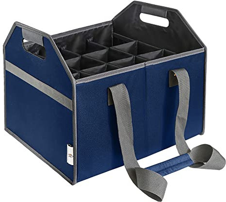 TheBarsentials 12 Bottle Wine Carrier Collapsible Reusable with Strap for Liquor Champagne Beer Glasses Storage Shopping Travel (Navy Blue)