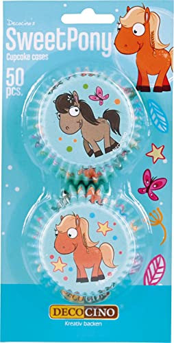 DECOCINO Pirottini per muffin a forma di pony (confezione da 50), decorazione per cupcake e cupcake, decorazione per cupcake e decorazioni a forma di cavallo, per compleanni dei bambini