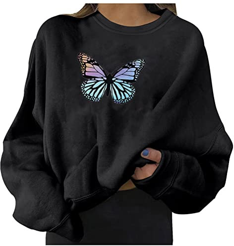 ORANDESIGNE Damen Sweatshirt Briefe Drucken Langarm Rundhals Pullover Warm Pulli Oversized Casual Bequem Teenager Mädchen Sportbekleidung Schmetterlingsdruck Y2k Aesthetic Oberteile E Schwarz S