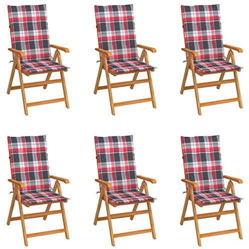 Susany 6X Teak Massiv Gartenstuhl Rote Karomuster-Kissen Klappbar Hochlehner Klappstuhl Gartensessel Holzstuhl Stuhl Stühle Gartenstühle