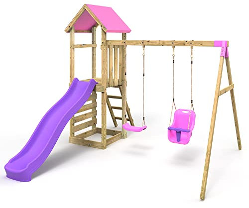 Rebo® Adventure Playset Wooden Climbing Frame, Swing Set and Slide - Rainier Pink | OutdoorToys | Kids' Outdoor Wooden Garden Play Equipment, Children's Jungle Gym