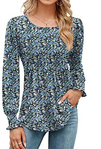 Rapbin Blouses for Women Long Sleeve Tops Pleated Tunic Shirt Spring Autumn Loose Tshirts Floral Ladies O Neck Shirts Blue Printed XL