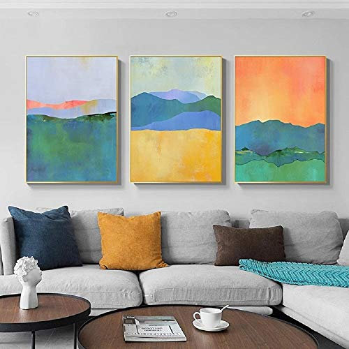 Wandbild Leinwand, Moderne Abstrakte Farbe Berg Poster Grün Gelb Orange Nordic Wandkunst Bilder Druck Leinwand Gemälde Wohnzimmer Dekoration 40x50cmx3 Ungerahmt