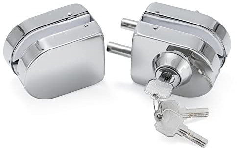 Serratura per porta in vetro senza fori, finitura cromata lucida, con chiave e pomello, compatibile con vetro temperato 10-12 mm, installazione rapida, design moderno, in acciaio inox 304.