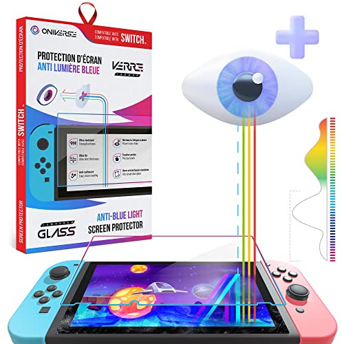 Oniverse Protection écran Switch - Verre trempé Anti-lumière Bleue compatible Nintendo Switch - Film de protection pour écran - Résistant et Anti Rayures