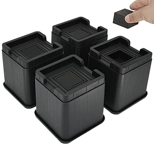 aspeike 4 Inch Square Bed Furniture Risers with 1 inch/2.54 cm Deep Hole 10 cm Heavy Duty Stackable Lifts for Couch, Chair, Desk, and Sofa - Bed Blocks - Max Load 2,200lbs /1,000kg-4P-Black