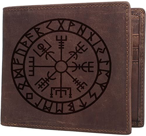 NOKTAI Viking Vegvisir Ledergeldbörse für Herren, Gravierte Kompass-Runen-Amulett-Geldbörse, Schlanke Bifold-Brieftaschen mit Großer Kapazität Geschenke für Ehemann, Vater