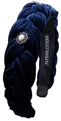 Alpenflüstern Trachten-Haarreif Samt Flechtoptik Helena - Damen Haarschmuck geflochten mit Perlen-Ornament, Haarband rutschfest fürs Dirndl (blau) ADV133