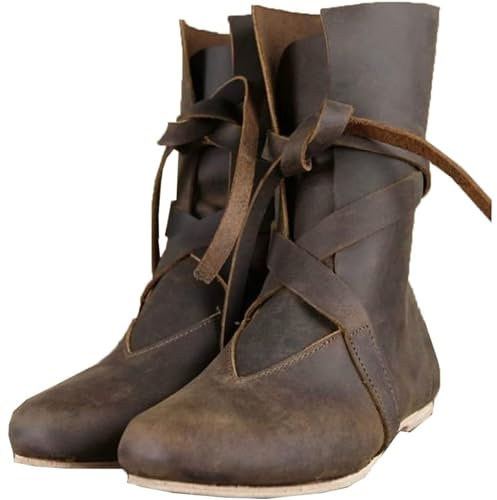 Mittelalterliche Ritterstiefel aus PU-Leder, Renaissance, mittelalterliche Cosplay-Stiefel, Vintage-Stiefel für Herren und Damen, Schnürschuhe mit flachem Boden,Braun,43 EU