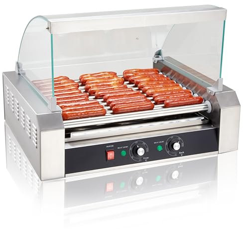 Hot Dog Roller, 30 Hot Dogs 11 Rollers Grill Cooker Machine with Removable Stainless Steel Drip Tray and Glass Hood Cover, 1430-Watts, Perfect for Commercial And Party