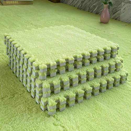 Flauschige Plüschschaum-Bodenmatte, Quadratisch, 200 Stück Ineinandergreifende Teppichfliesen, Puzzle-Spielmatte, Bodenfliesen, Weiche Teppiche, Spielzimmer-Dekoration(Color:Grün)