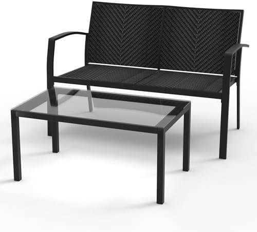 RANSENERS Premium Doppelsofa mit Tisch von Gartenmöbelset CBLS76L mit Metallrahmen und Polyrattan Sitzfläche für Garten Terrasse und Balkon (Schwarz)