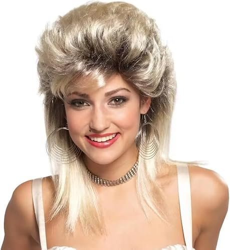 Vokuhila 80er Mullet Perücke Blond Perücke Damen Locken 70er Jahre Jahre Vintage Cosplay Wippe Kostüm Perücke Metal Rock Disco Fancy Show Perücken