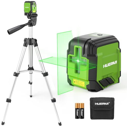 Livella laser con treppiede, Huepar 30m livello laser autolivellante, livelle laser a croce verde, adatta per appendere quadri, fai da te, batterie e custodia per il trasporto incluse