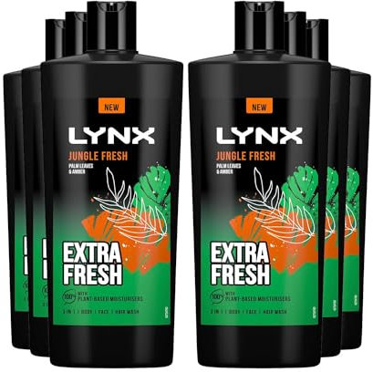 Lynx 3-in-1 Shower Gel Jungle Fresh 12 Hours of Long Lasting Refreshing Fragrance Body Wash with Plant-Based Moisturisers for Men for Naturally Soft Skin, 700ml Pack of 6