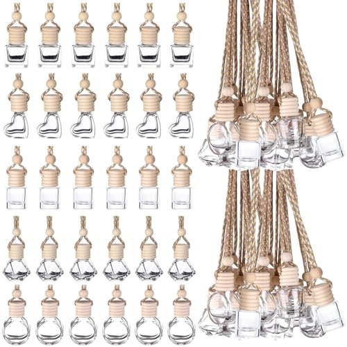 30Pcs 8ml Hanging Car Air Freshener Diffuser Empty Clear Glass Essential Diffuser Oil Aromatherapy Fragrance Pendant Glass Vials with Wooden Caps(Circular Column,Square,Love,Rose,Diamond-shaped)